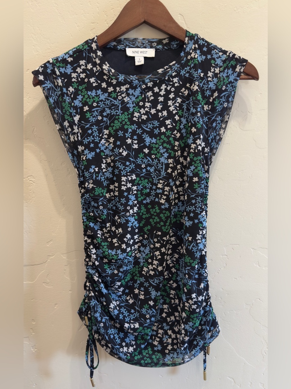 Nine West Floral Ruched Side Drawstring Top Blue Green Small
